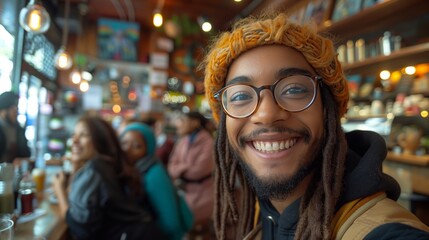 Obraz premium Close-up of a young man smiling in a lively cafe