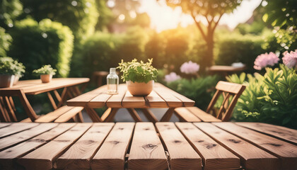 Obraz premium garden atmosphere with wooden tables