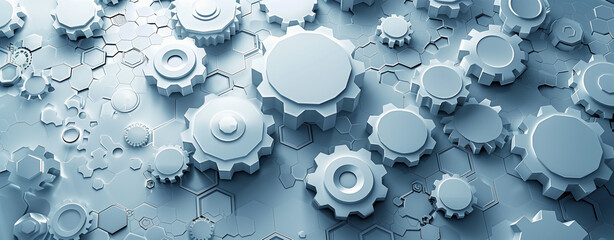 Abstract background with white hexagons and gears. Innovation technology industry or business process concept.
