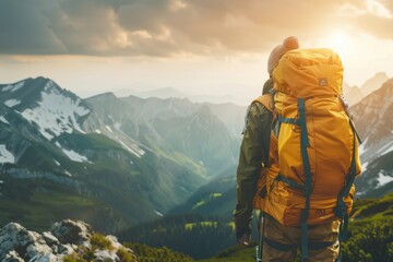 Backpacker Lifestyle: Traveler Hiking Mountains, Adventure and Survival on Active Vacation Expedition