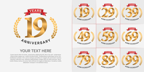 anniversary logotype set vector, gold color and red ribbon for special day celebration