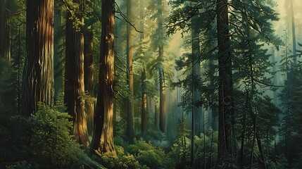 A dense forest of towering redwood trees, their ancient branches reaching skyward in a majestic display of nature's grandeur.