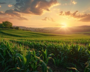 Corn Crop. A Serene View of Green Fields at Sunset in Rural Countryside