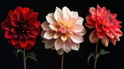 Obraz premium Dahlia flowers, beautiful colorful blooms on a plain black background. Nature background.