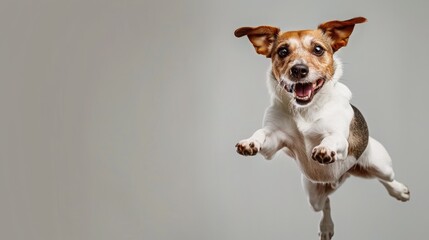 A dog in athletic gear, long jumping like a human, on a plain grey background with copy space on the left side