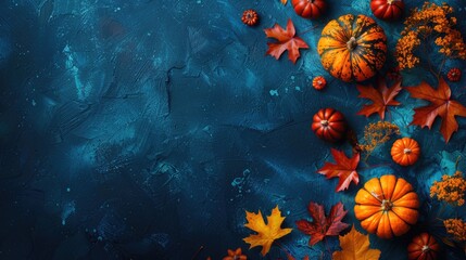 Fall Festive. Pumpkins and Autumn Maple Leaves on Dark Blue Background. Thanksgiving Day Concept
