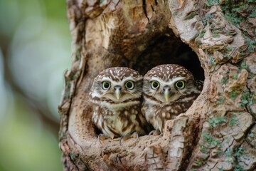 Funny Birds. Closeup of Adult Birds and Owl Chicks in Nest with Unusual Eye Hole Background