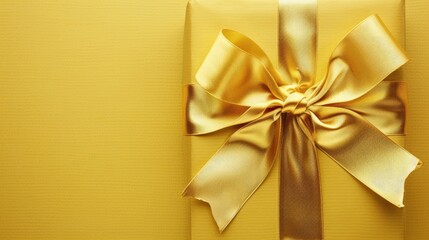 Gift Card Gold Ribbon. Top View of Rolled Gold Ribbon with Yellow Bow on Colored Background