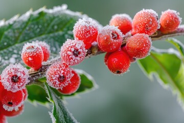 Fototapeta premium Holiday Berries. Closeup of Frost-Covered Winter Red Holly Berries with Green Leaves