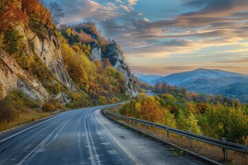 Highway Mountains. Scenic Autumn Evening Drive Along Mountain Road - Powered by Adobe