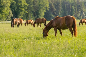 Horses in Field. Herd of Horses Grazing on Pasture in Rural Thoroughbred Farm