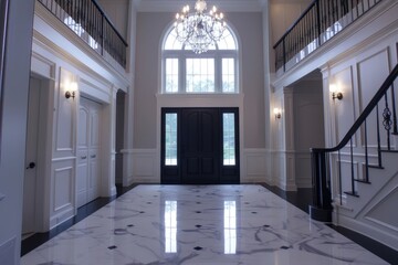 Marble Floor Entranceway. Two Story Foyer with Tiled Floor and Grand Ceiling