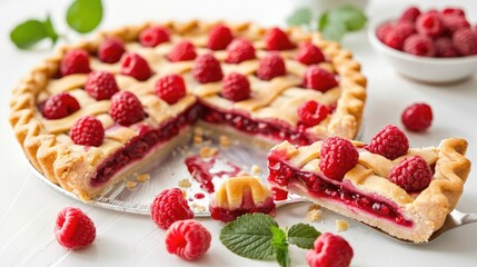 Sliced Pie: Raspberry Deliciousness on a White Table with Fresh Berries
