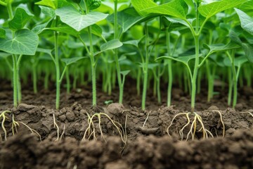 Soybean Planting. Closeup of Green Soybean Plant with Root System in Farm Field