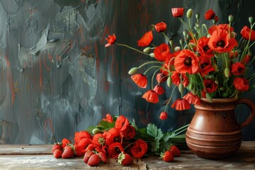 Still Life Flower. Rustic Country Style with Pottery, Strawberry and Red Poppies Bouquet