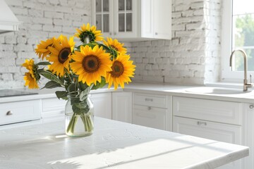 Summer Kitchen. Beautiful Bright Modern Kitchen with Sunflowers Bouquet in Vase