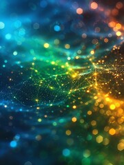 Fototapeta premium An abstract geometric backdrop in mainly blue and green with neon colors. 