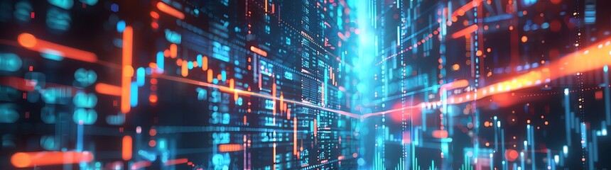 A digital background featuring stock market charts and graphs, representing the trading of a futuristic cyberpunk cityscape, with neon lights creating an atmosphere of financial activity.