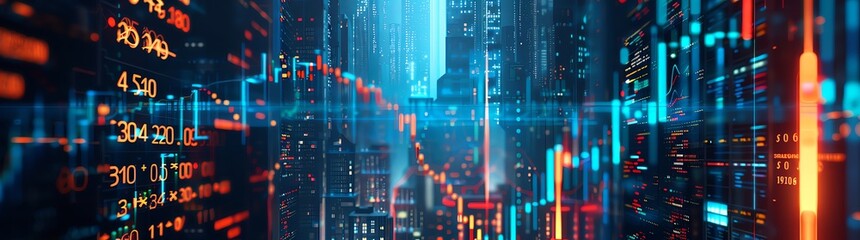 A digital background featuring stock market charts and graphs, representing the trading of a futuristic cyberpunk cityscape, with neon lights creating an atmosphere of financial activity. The composit