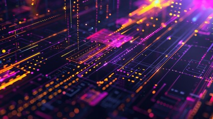 Obraz premium a workflow being optimized, conexions, neon, webflows, yellow gold palette mixed to purple palette