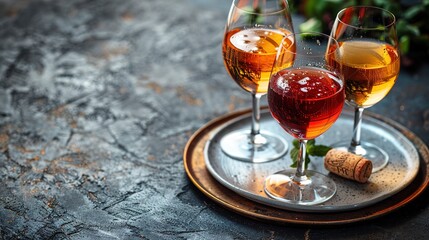 High angle of three varieties of Georgian dry wine glasses (white, amber and red) lying on a plate - Generative Ai