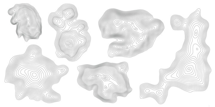 Geographical map, contour map, black lines on white background, design elements