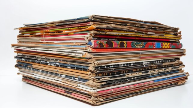 The blending of traditional and modern music styles portrayed through a stack of vinyl records each one featuring a different fusion of cultures.