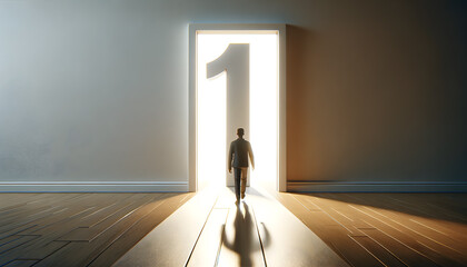 a single figure walking towards a large, bright number '1' shaped doorway. The minimalist scene features a wooden floor and plain walls.