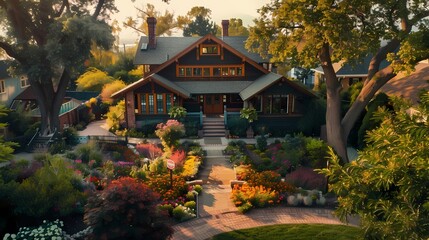 Paint a beautiful craftsman-style house flanked by colorful flower beds and shaded by mature trees, seen from above under the soft glow of the afternoon sun