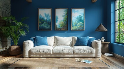 Interior of spacious apartment with blue wall interior 8K image - Generative Ai