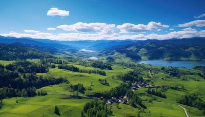 Fototapeta premium Views of fertile land surrounded by stunning green vegetation, rolling hills and mountains with clear skies in spring.