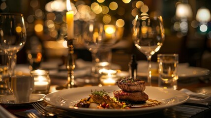 Fototapeta na wymiar Fine dining experience with elegantly plated gourmet dishes, candlelit table setting, luxurious ambiance, highresolution culinary photography, Close up