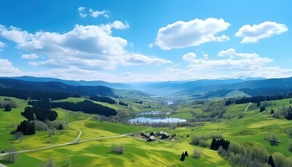 Views of fertile land surrounded by stunning green vegetation, rolling hills and mountains with clear skies in spring.