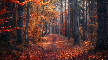 Forest trail covered in autumn leaves