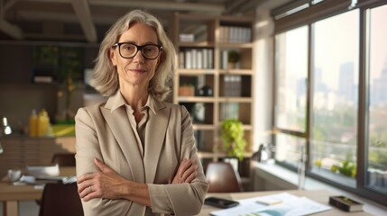 Fototapeta premium A Successful Senior Architect Stands Confidently In Her Office With Crossed Arms, Embodying Leadership And Expertise In Her Field, High Quality