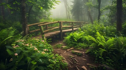 Forest trail with a wooden bridge over a babbling stream