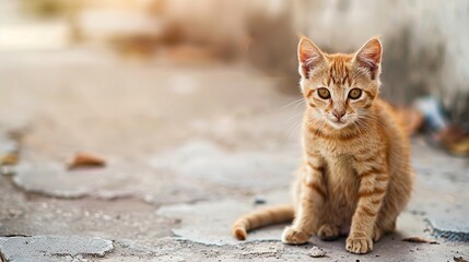 Closeup portrait of a charming young domestic ginger tabby cat sitting on Cement board and playfully looks. Health and midicine icon, Pets Health care concept with Free space fot text.