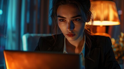 Obraz premium A Thoughtful Businesswoman Focuses Intently On Her Laptop Screen As She Works In The Office, High Quality