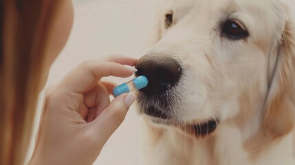 Woman giving blue pill to cute cat on white background, closeup. Vitamins for animal