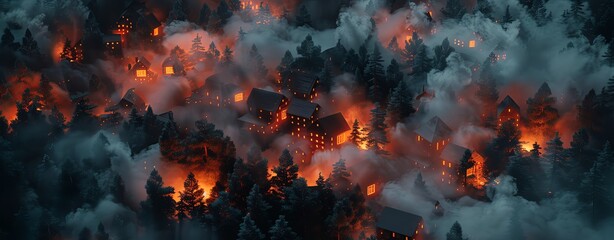 3D rendering, houses on fire in the forest made of cubes, top view, red and orange colors, dark background, glow effect, detailed texture, smoke around elements, global illumination, bright light. Hou