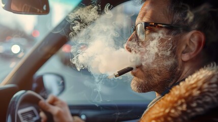 Man driving smoking electronic cigarette. panoramic banner