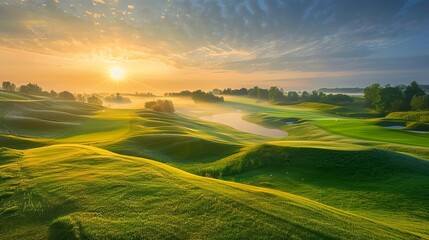 Golf course at sunrise, dewcovered fairways, vibrant green grass, serene and picturesque landscape, highresolution outdoor photography, Close up
