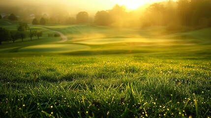 Golf course at sunrise, dewcovered fairways, vibrant green grass, serene and picturesque landscape, highresolution outdoor photography, Close up