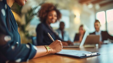 A Woman Takes Notes During An Online Business Meeting With Her Clients, Embodying Professionalism And Attentiveness, High Quality