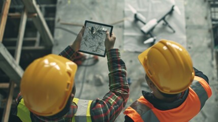 One architect is using a drone to capture aerial photos of the construction site while another is examining digital blueprints on a tablet.