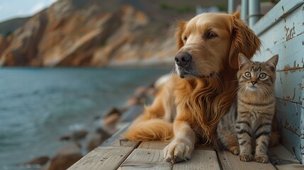 A dog and cat sitting together on a boat docked at a beach, gazing at the horizon - Powered by Adobe