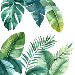 collection of green leaves, watercolor tropical leaves clipart, white background