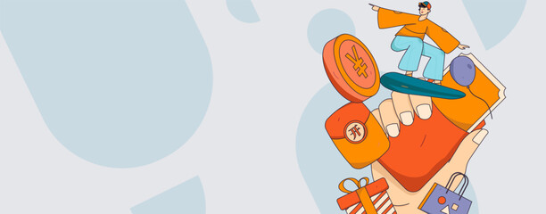 Holiday shopping people doing e-commerce online shopping flat vector concept operation hand drawn illustration
