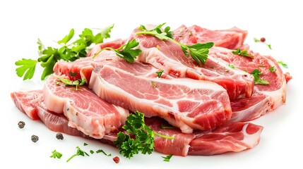 sliced raw pork meat isolated on white background