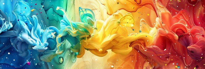 Color liquid ink splash abstract background rainbow art. Rainbow splash collage mix flow drip. Fluid wave color yellow, red, green, blue. Liquid ink palette motion